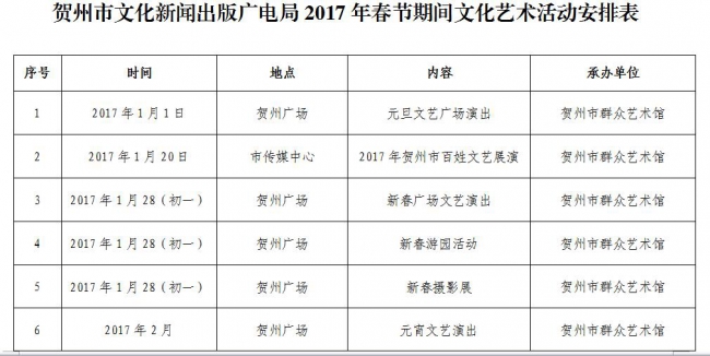 贺州2017年春节期间文化艺术活动安排表